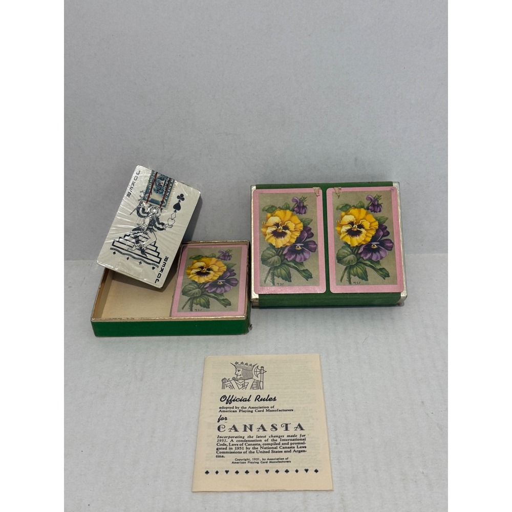 Vintage SEALED Canasta Playing Cards OS Green Pansy Floral Deck 1951 Rules